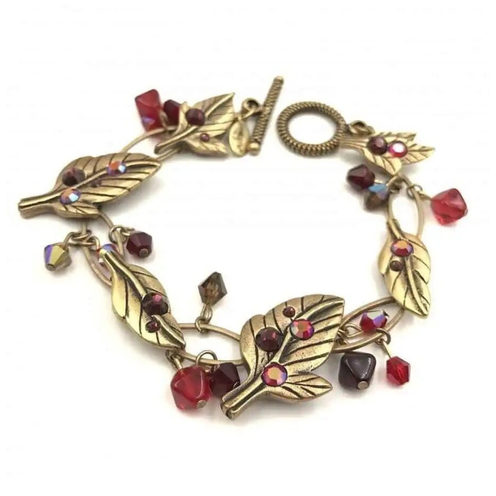 Chicos Bracelet Leaves Berries Brass Tone Red Rhinestone Cabochon Nature Autumn